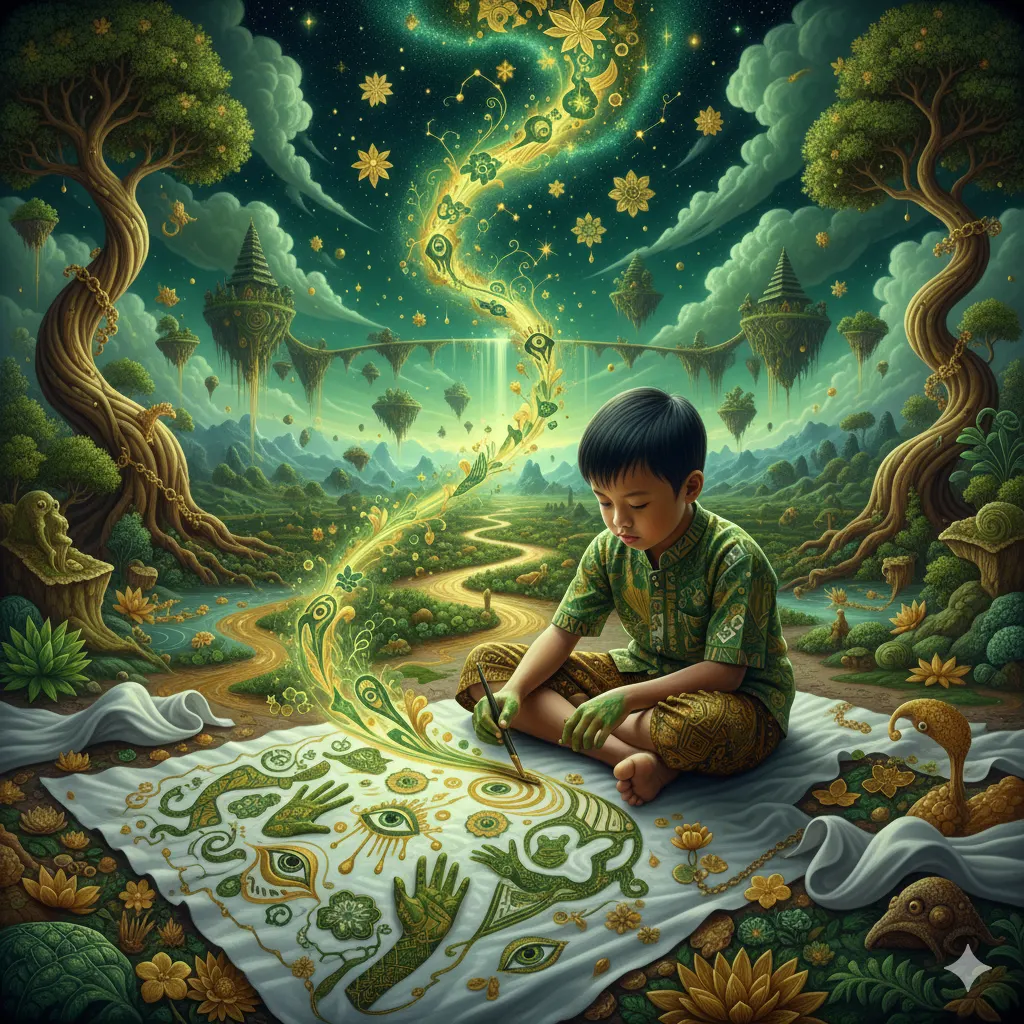 Ekspresi intuisi dalam batik grahita - intuitive echoes within the grahita batik - バティック・グラヒタに刻まれた、直感の吐息 - markandeya project - tuna grahita - seni rupa ekspresionisme - seni batik - 1